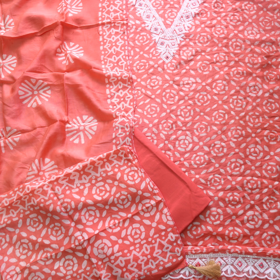 Sumati Candy Pink V Moti Neck Work Batik Print Chanderi Suit Set