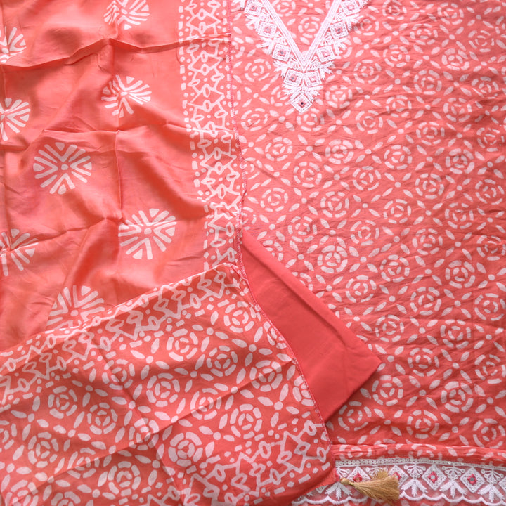 Sumati Candy Pink V Moti Neck Work Batik Print Chanderi Suit Set