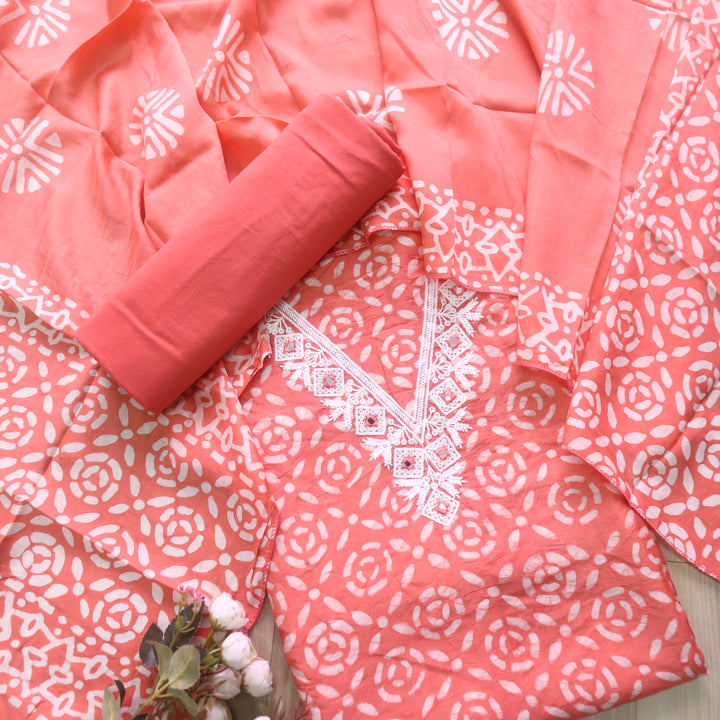 Sumati Candy Pink V Moti Neck Work Batik Print Chanderi Suit Set