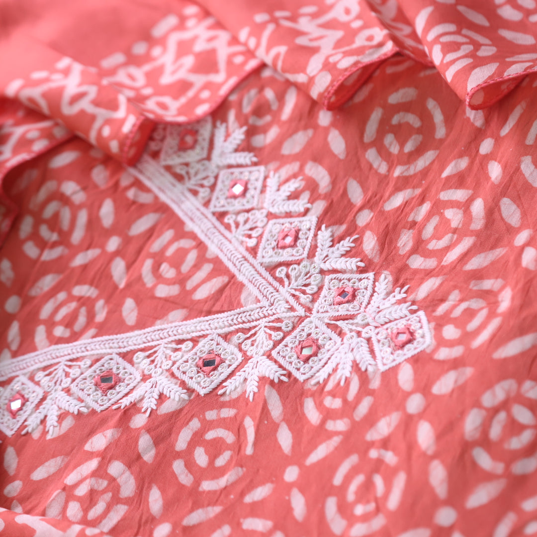 Sumati Candy Pink V Moti Neck Work Batik Print Chanderi Suit Set