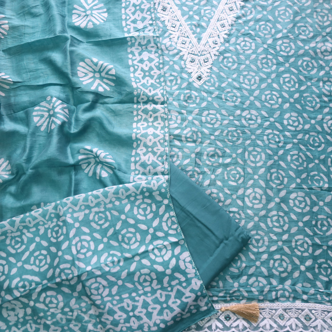 Sumati Sage Green V Moti Neck Work Batik Print Chanderi Suit Set