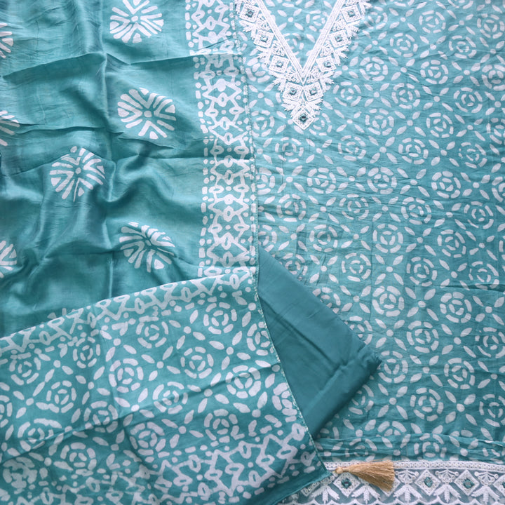 Sumati Sage Green V Moti Neck Work Batik Print Chanderi Suit Set