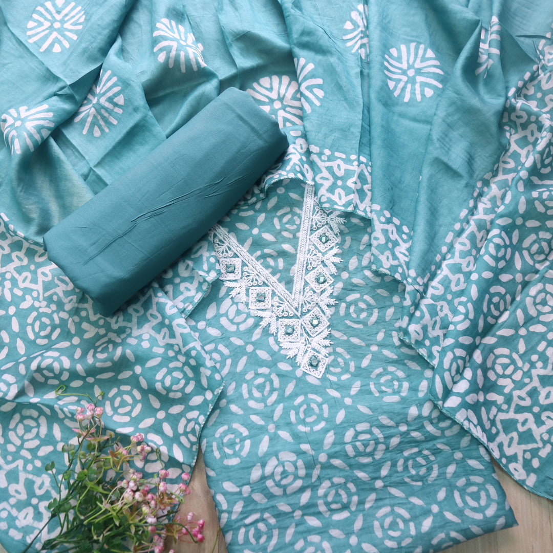 Sumati Sage Green V Moti Neck Work Batik Print Chanderi Suit Set