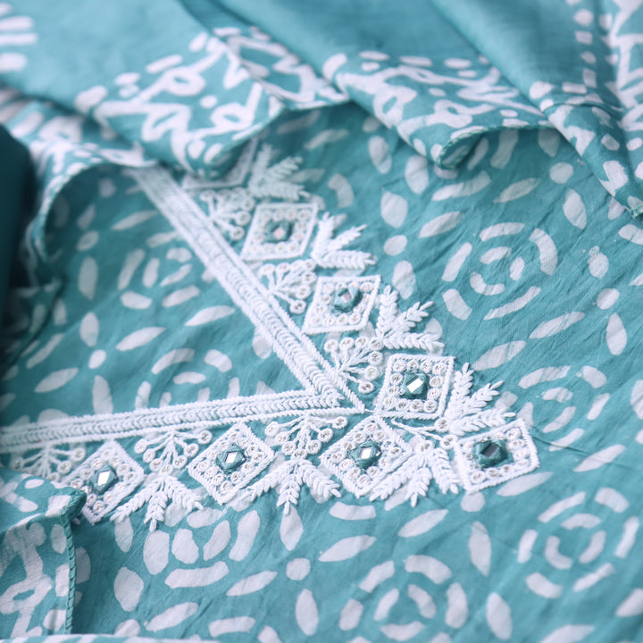 Sumati Sage Green V Moti Neck Work Batik Print Chanderi Suit Set