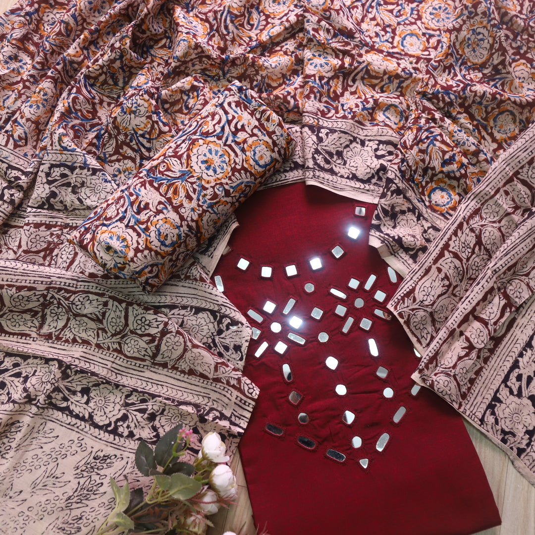 Haniya Berry Red Mirror Neck work Cotton Top with Kalamkari Cotton Dupatta