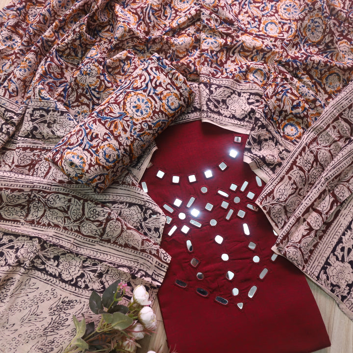 Haniya Berry Red Mirror Neck work Cotton Top with Kalamkari Cotton Dupatta