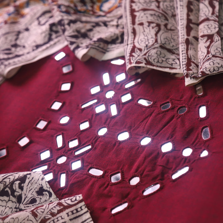 Haniya Berry Red Mirror Neck work Cotton Top with Kalamkari Cotton Dupatta