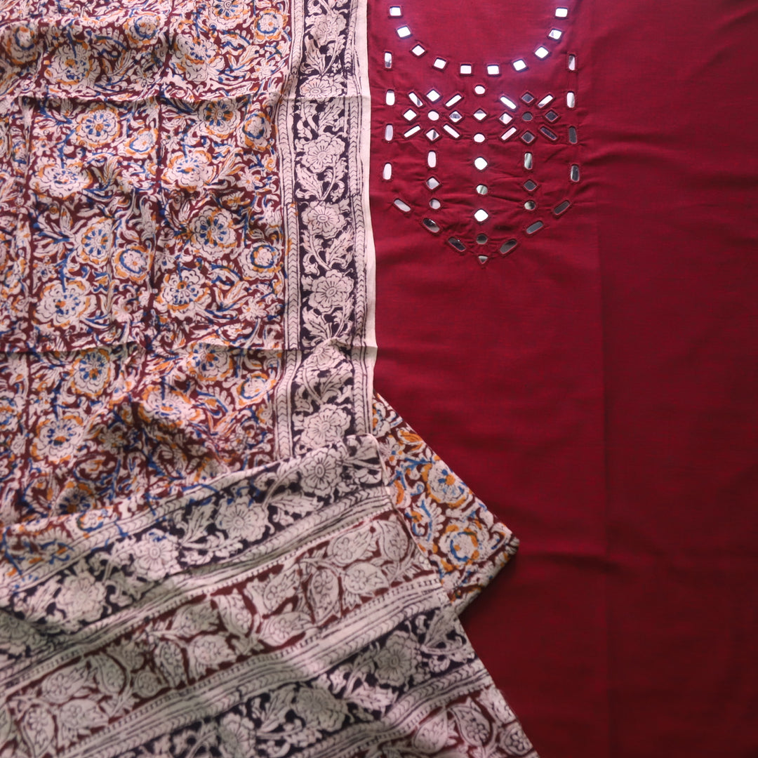 Haniya Berry Red Mirror Neck work Cotton Top with Kalamkari Cotton Dupatta