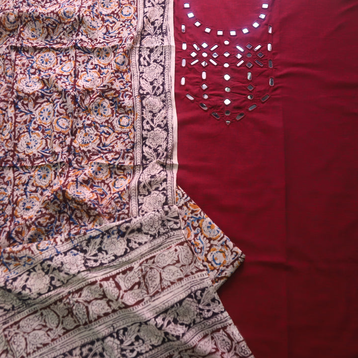 Haniya Berry Red Mirror Neck work Cotton Top with Kalamkari Cotton Dupatta