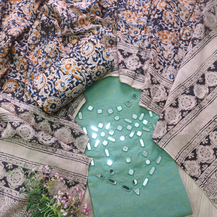 Haniya Cyan Sage Mirror Neck work Cotton Top with Kalamkari Cotton Dupatta