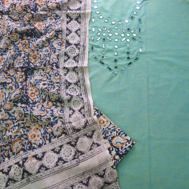 Haniya Cyan Sage Mirror Neck work Cotton Top with Kalamkari Cotton Dupatta