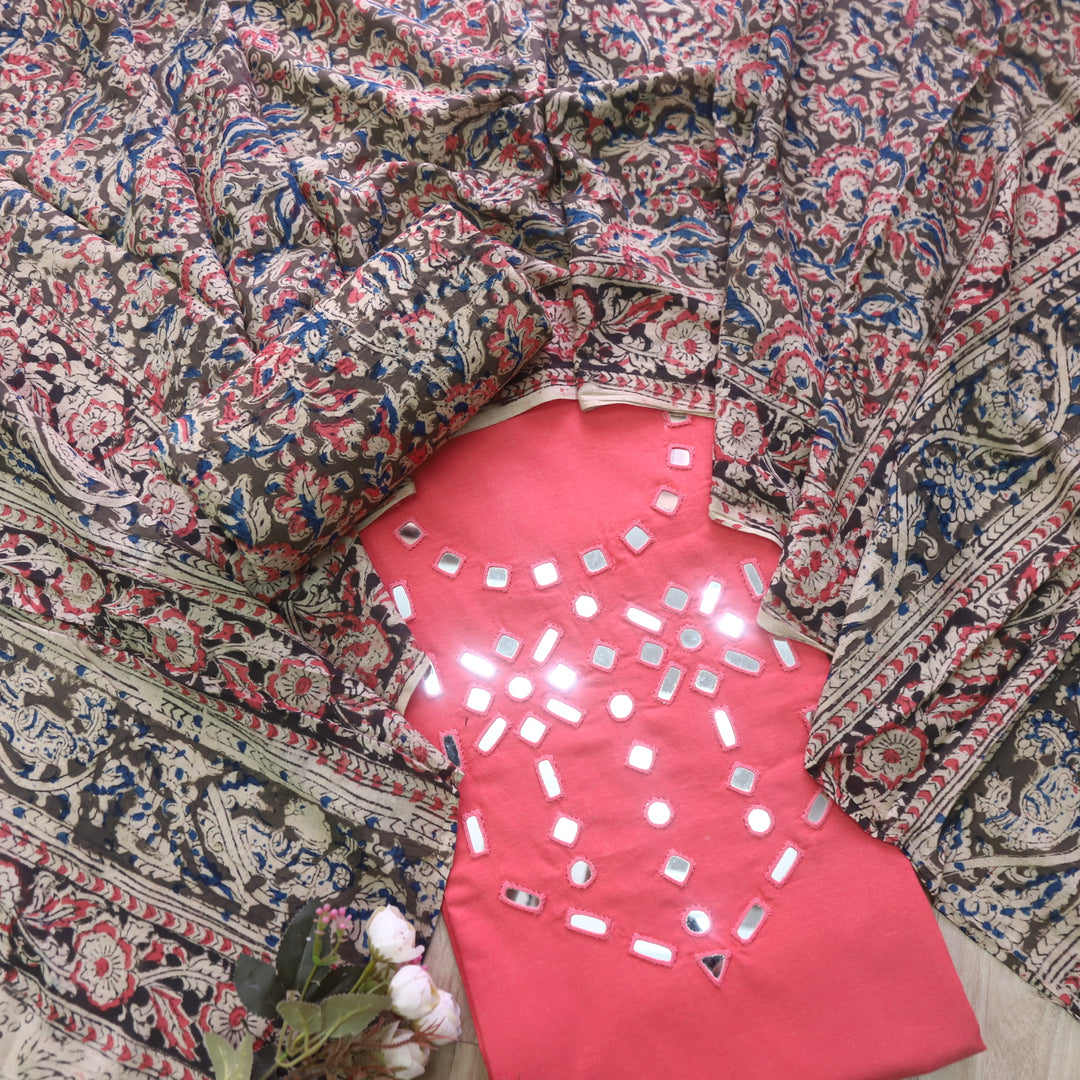 Haniya Neon Pink Mirror Neck work Cotton Top with Kalamkari Cotton Dupatta
