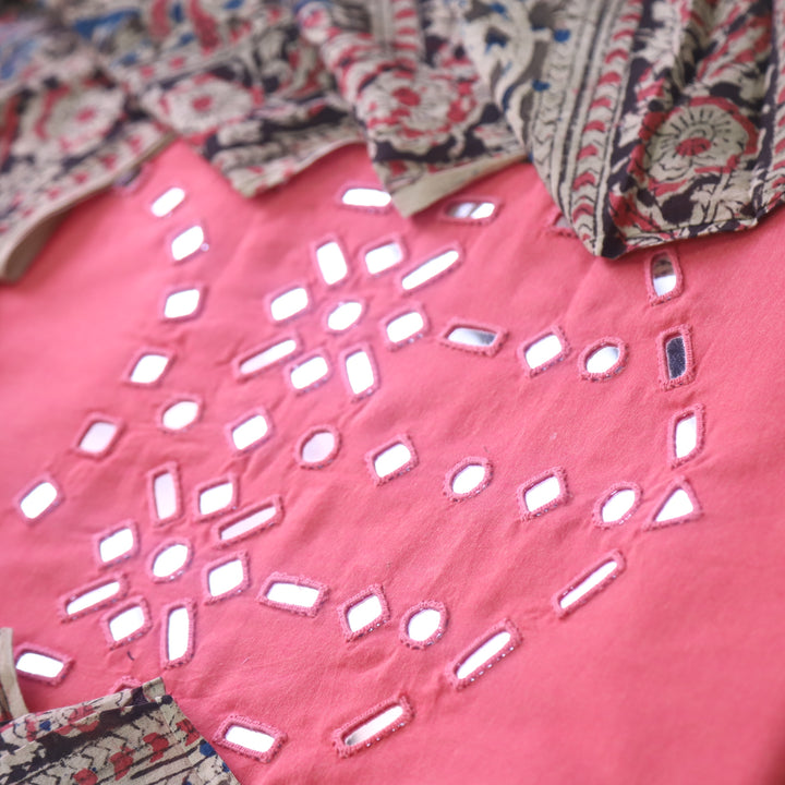 Haniya Neon Pink Mirror Neck work Cotton Top with Kalamkari Cotton Dupatta