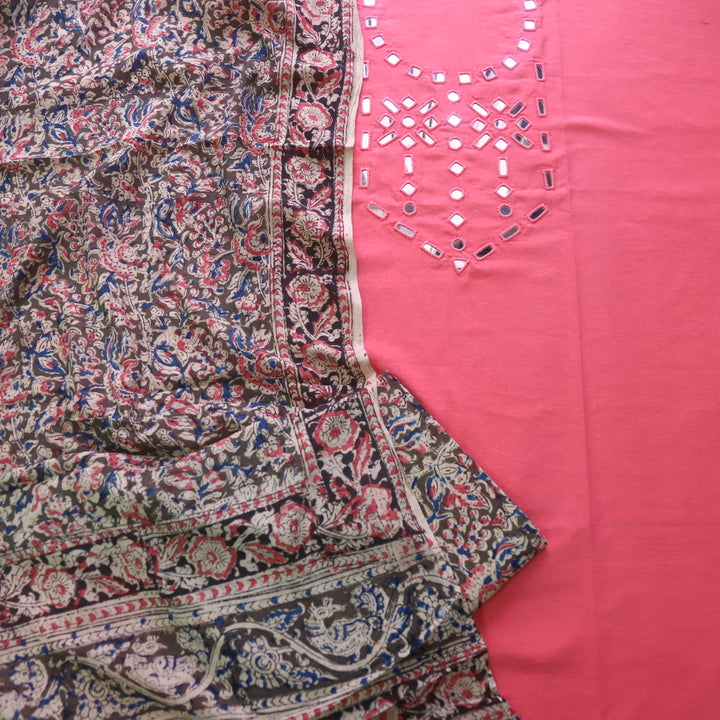 Haniya Neon Pink Mirror Neck work Cotton Top with Kalamkari Cotton Dupatta