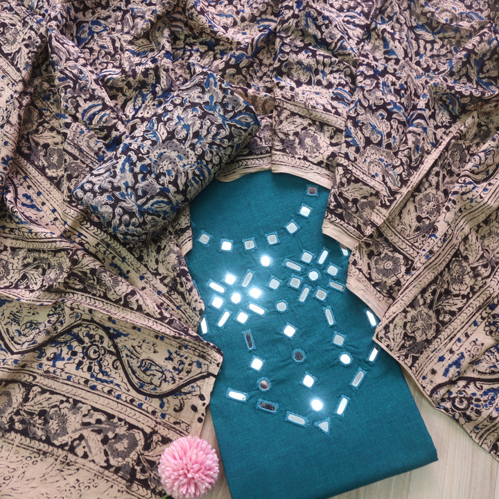 Haniya Cerulean Blue Mirror Neck work Cotton Top with Kalamkari Cotton Dupatta
