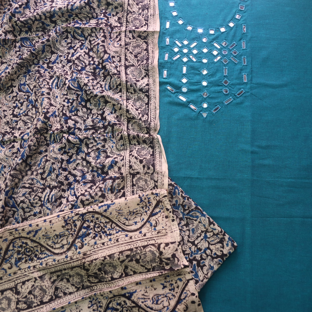 Haniya Cerulean Blue Mirror Neck work Cotton Top with Kalamkari Cotton Dupatta