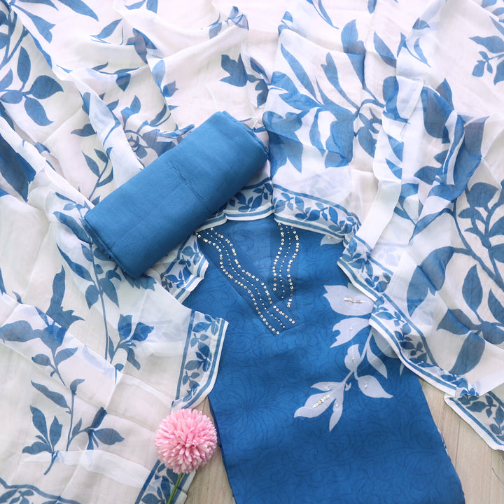 Ranjish Sapphire Blue Floral Printed Organza Top and Organza Dupatta Set
