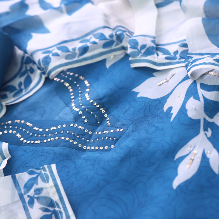 Ranjish Sapphire Blue Floral Printed Organza Top and Organza Dupatta Set
