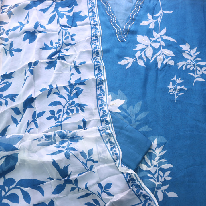 Ranjish Sapphire Blue Floral Printed Organza Top and Organza Dupatta Set