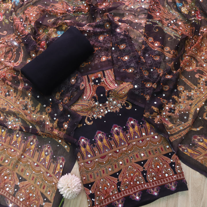 Bandegi Paint Black Digital Printed Mirror Work Organza Suit Set
