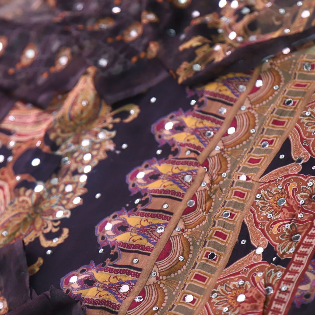 Bandegi Paint Black Digital Printed Mirror Work Organza Suit Set