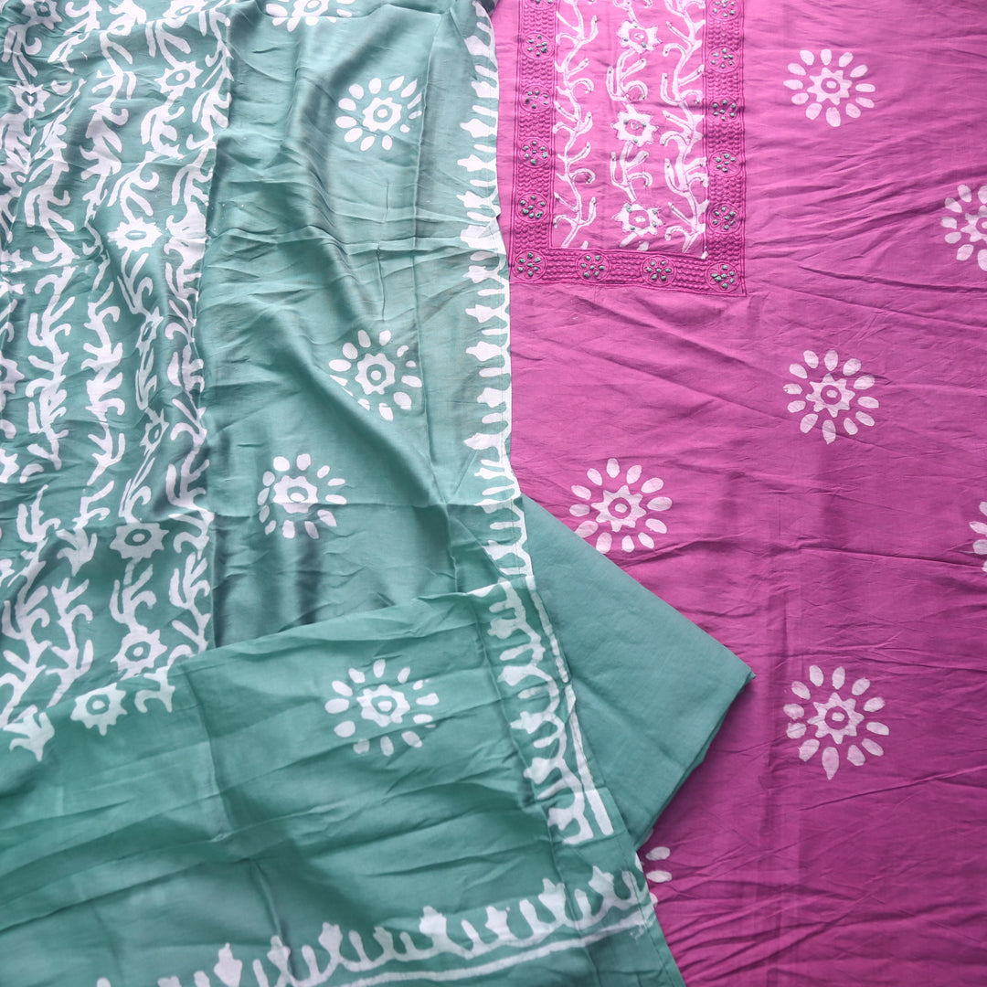 Sumati Orchid Purple with Green French Knot Batik Print Neck Chanderi Suit Set