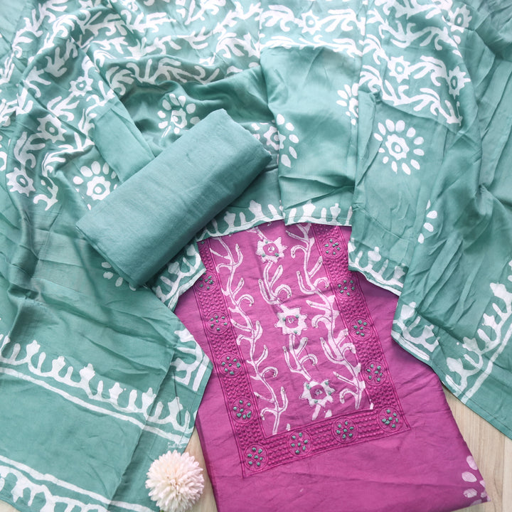 Sumati Orchid Purple with Green French Knot Batik Print Neck Chanderi Suit Set