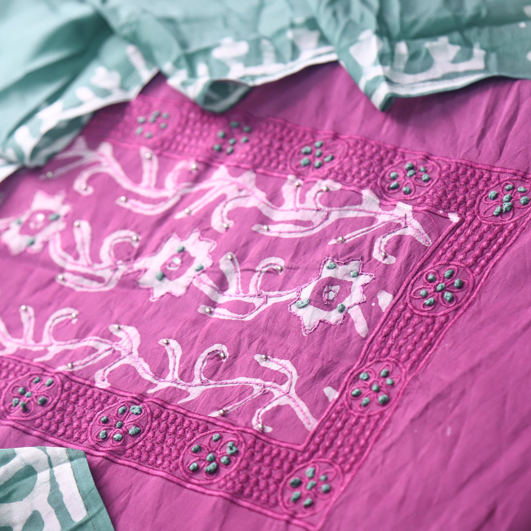 Sumati Orchid Purple with Green French Knot Batik Print Neck Chanderi Suit Set