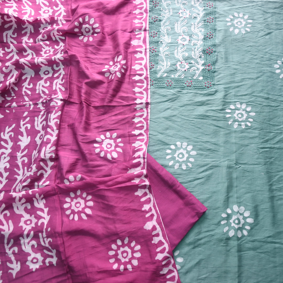 Sumati Sage Green with Purple French Knot Batik Print Neck Chanderi Suit Set