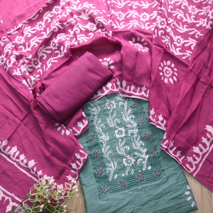 Sumati Sage Green with Purple French Knot Batik Print Neck Chanderi Suit Set