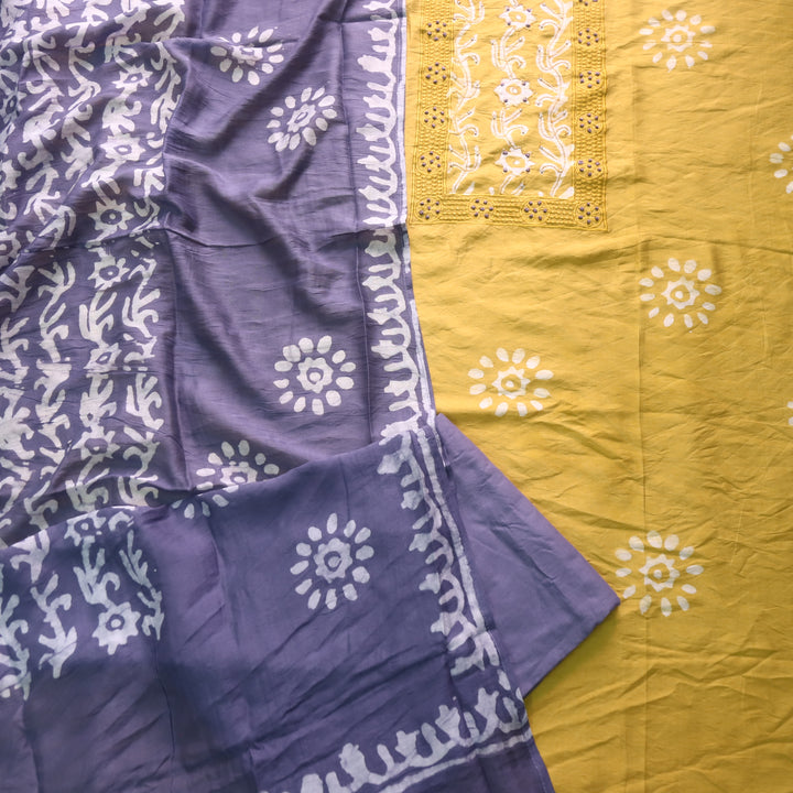 Sumati Corn Yellow with Grey French Knot Batik Print Neck Chanderi Suit Set