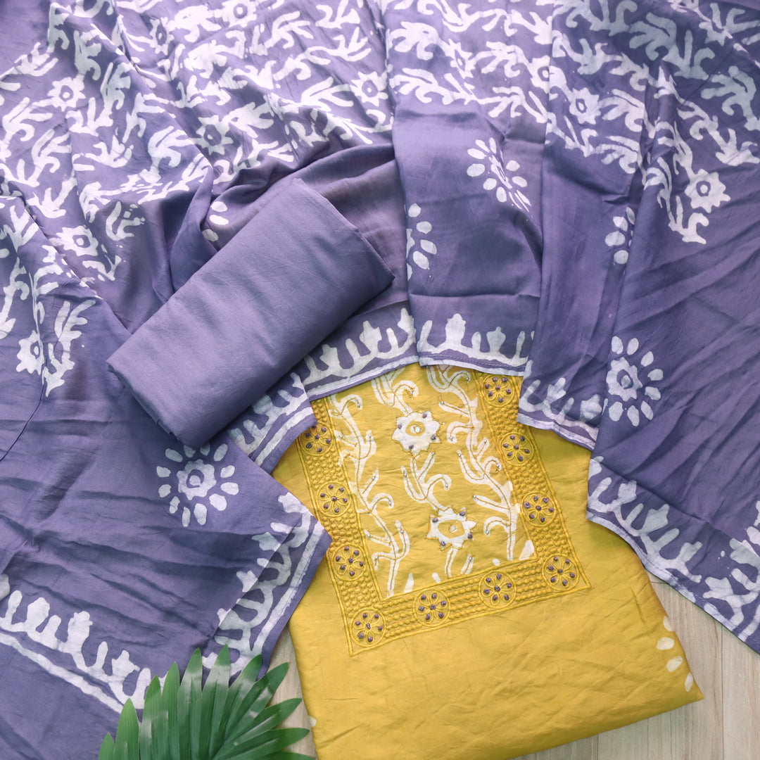 Sumati Corn Yellow with Grey French Knot Batik Print Neck Chanderi Suit Set