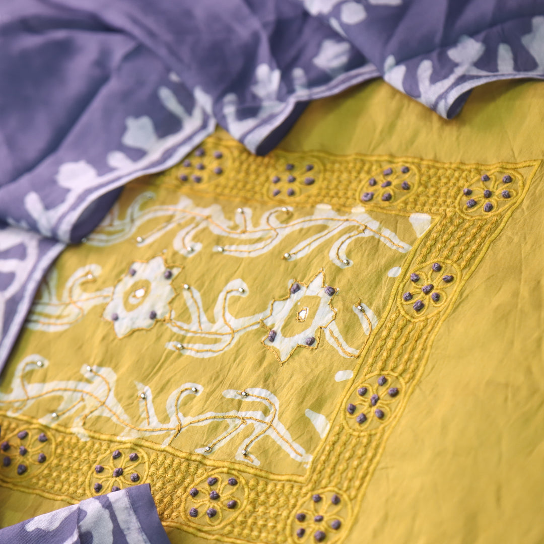 Sumati Corn Yellow with Grey French Knot Batik Print Neck Chanderi Suit Set