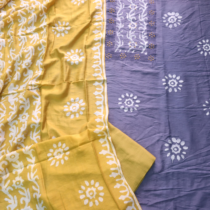 Sumati Fossil Grey with Yellow French Knot Batik Print Neck Chanderi Suit Set