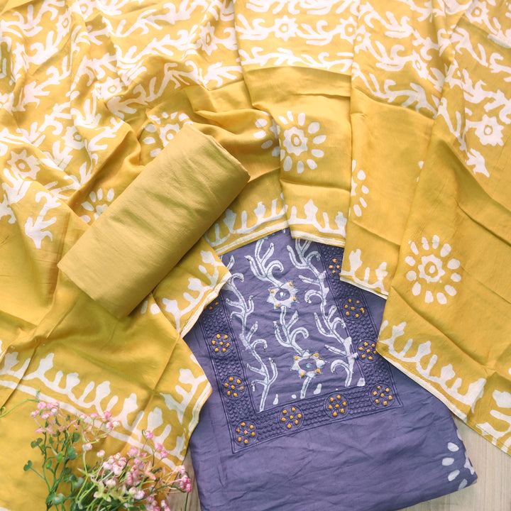Sumati Fossil Grey with Yellow French Knot Batik Print Neck Chanderi Suit Set