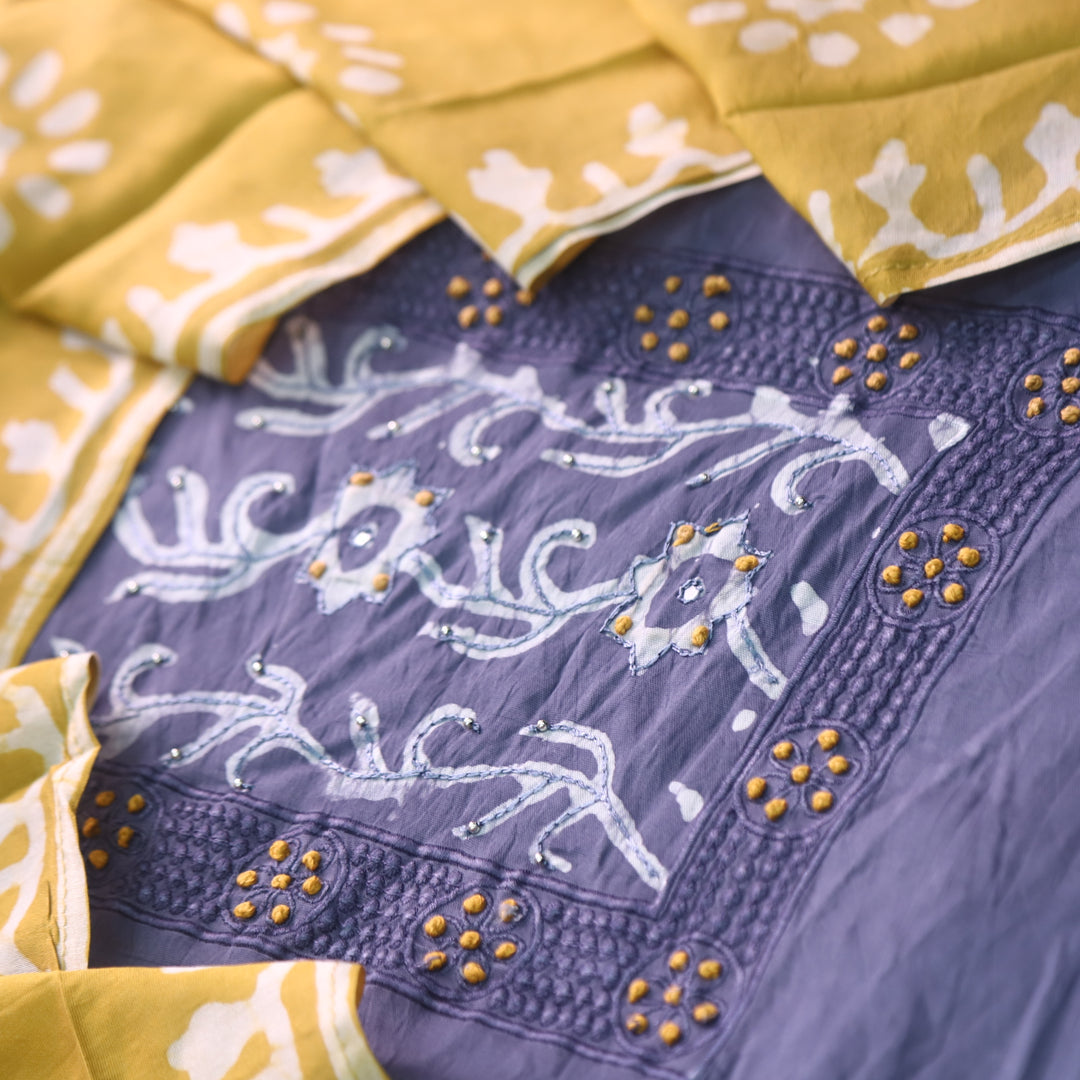 Sumati Fossil Grey with Yellow French Knot Batik Print Neck Chanderi Suit Set