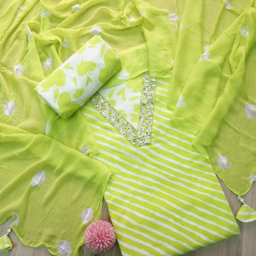 Rahi Neon Green V Neck Embellish Lace Work In leheriya Print Cotton Suit Set