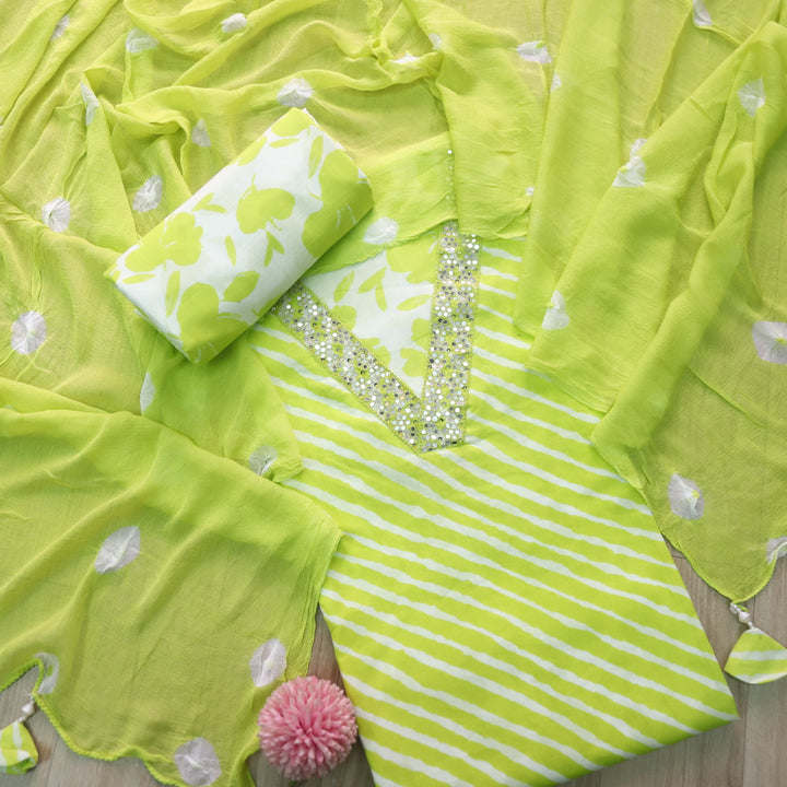 Rahi Neon Green V Neck Embellish Lace Work In leheriya Print Cotton Suit Set