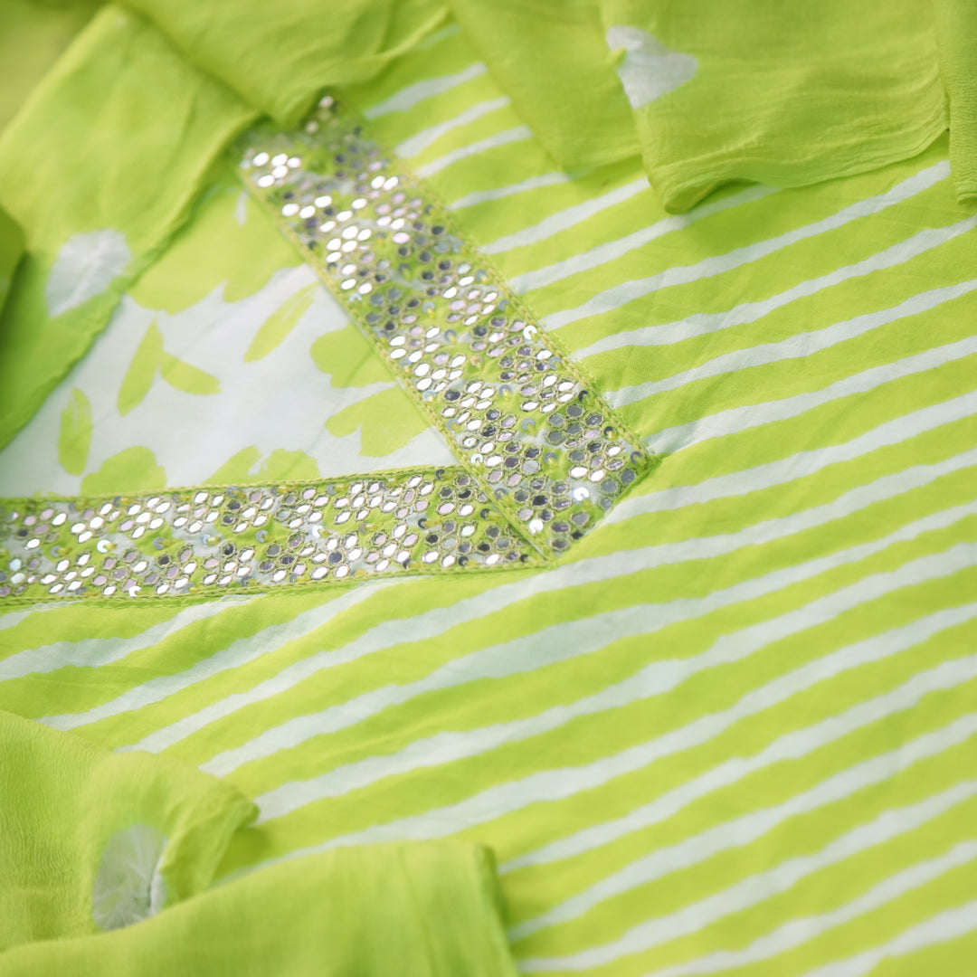 Rahi Neon Green V Neck Embellish Lace Work In leheriya Print Cotton Suit Set