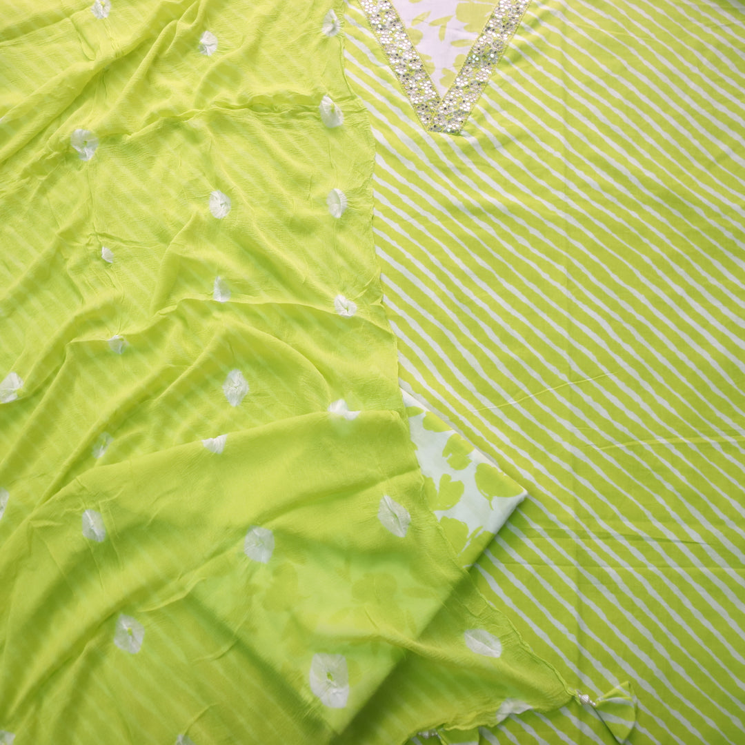Rahi Neon Green V Neck Embellish Lace Work In leheriya Print Cotton Suit Set