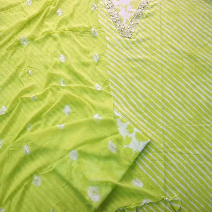 Rahi Neon Green V Neck Embellish Lace Work In leheriya Print Cotton Suit Set