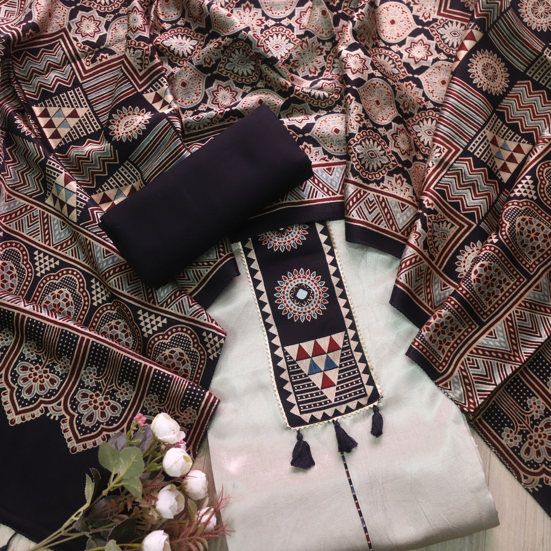 Haniya Ivory White Mirror Patch Work Mashru Silk Top with Stole Dupatta