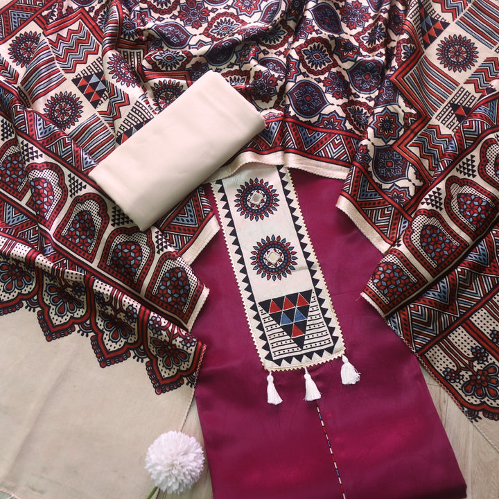 Haniya Vibrant Purple Mirror Patch Work Mashru Silk Top with Stole Dupatta-D2