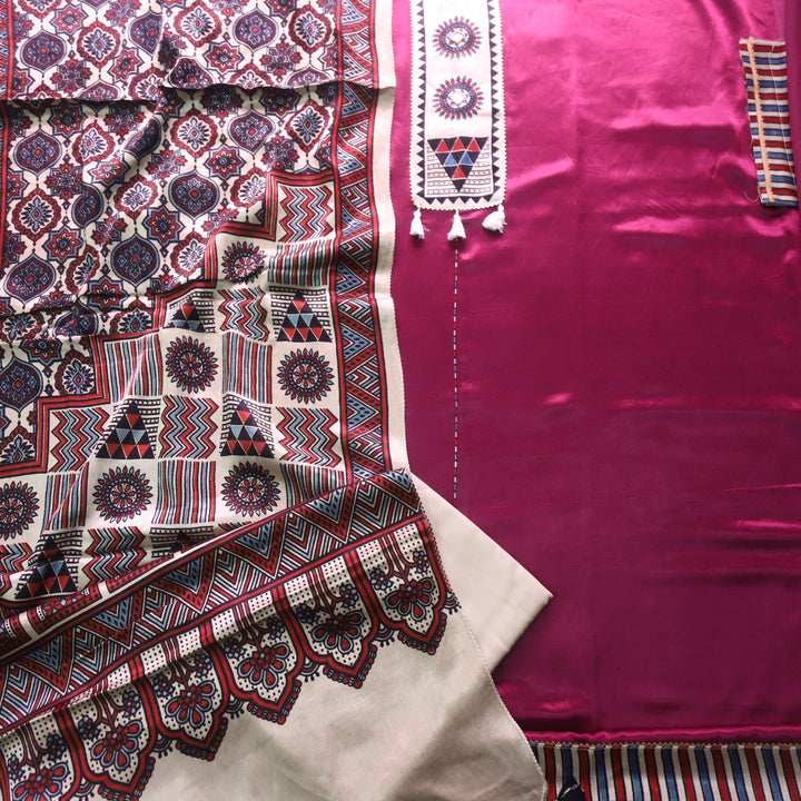 Haniya Vibrant Purple Mirror Patch Work Mashru Silk Top with Stole Dupatta-D2