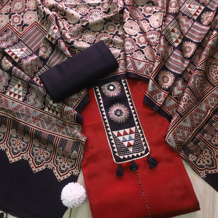Haniya Mehroom Red Mirror Patch Work Mashru Silk Top with Stole Dupatta
