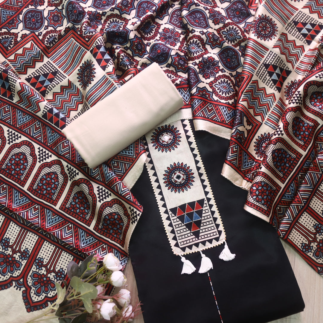 Haniya Raven Black Mirror Patch Work Mashru Silk Top with Stole Dupatta-D2