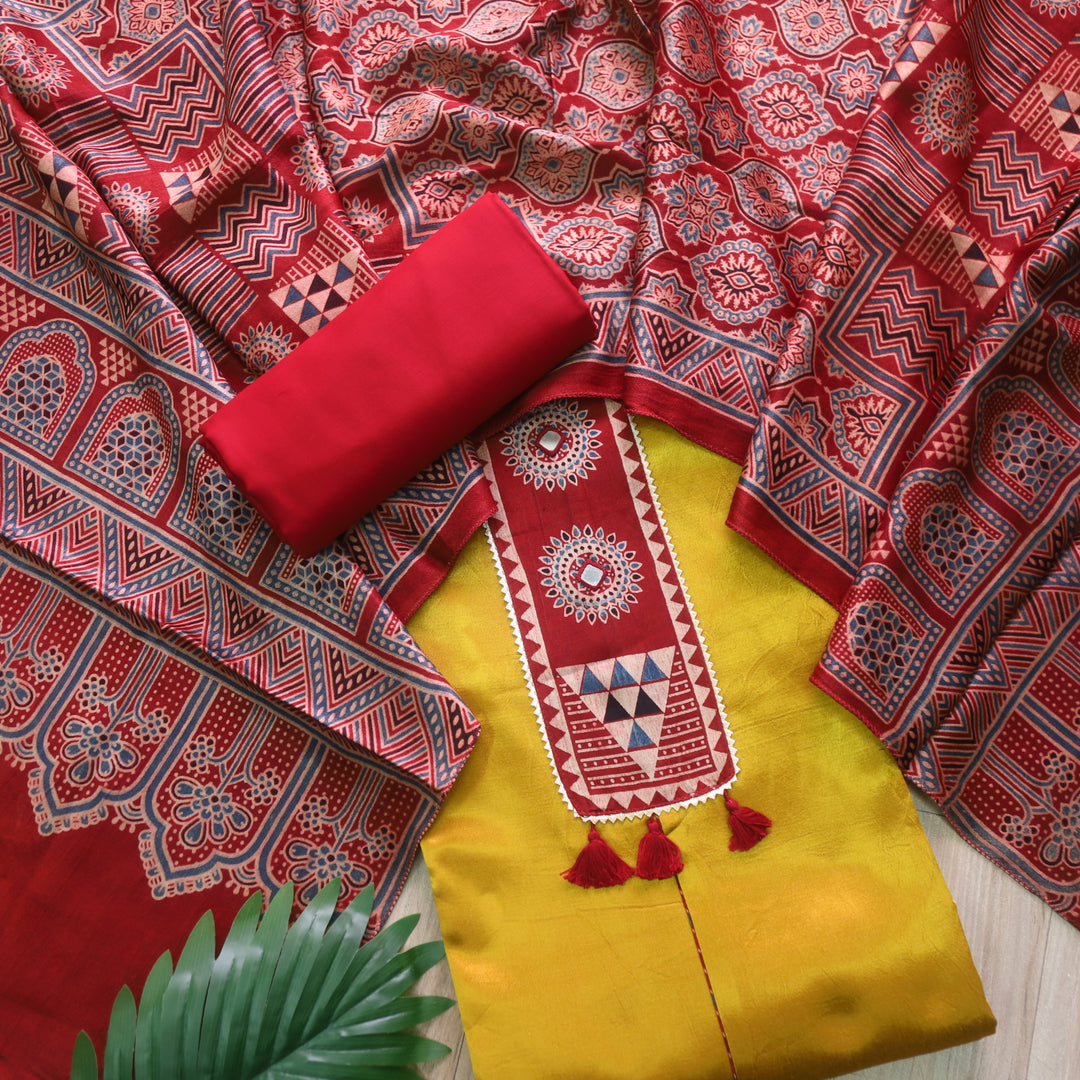 Haniya Mustard Yellow Mirror Patch Work Mashru Silk Top with Stole Dupatta