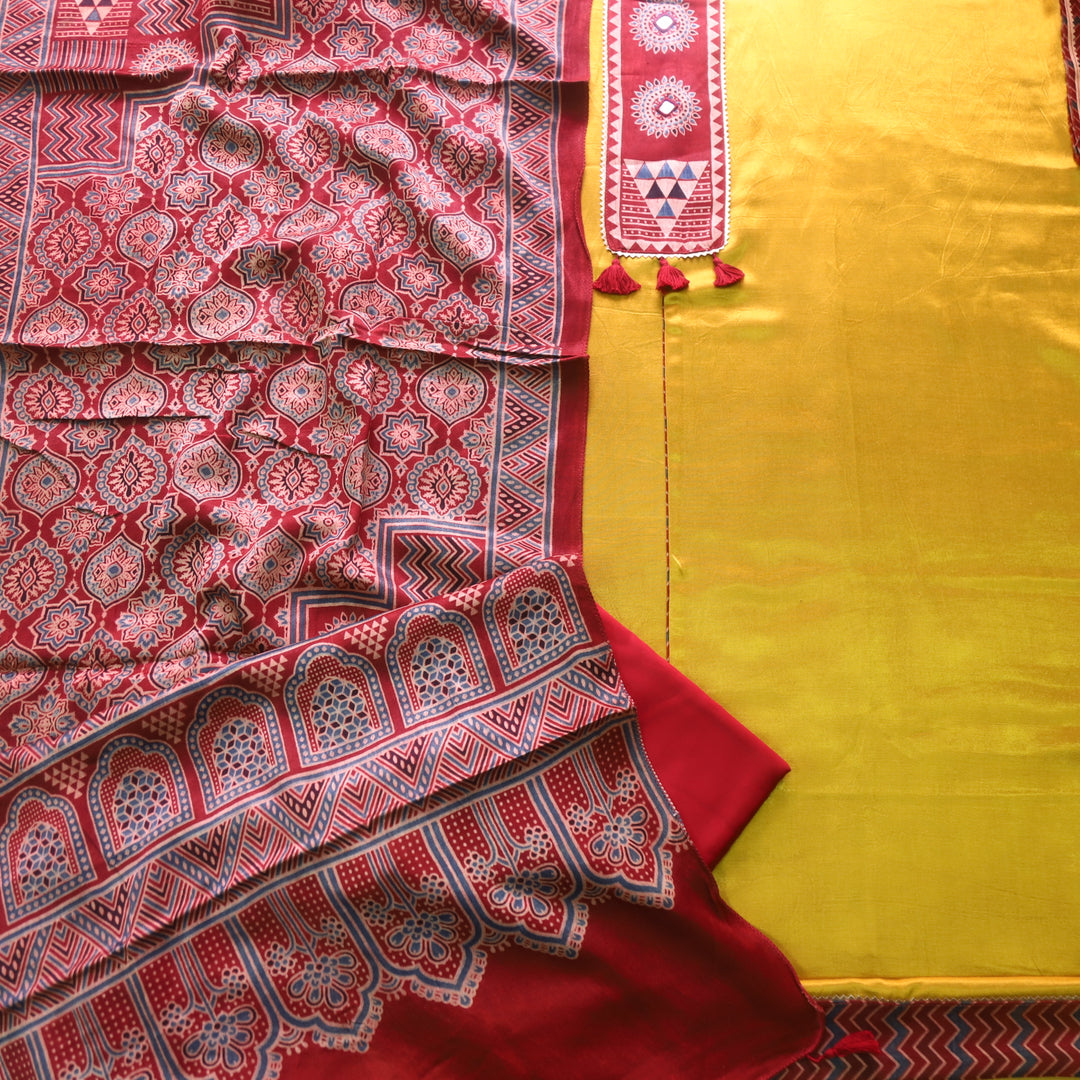 Haniya Mustard Yellow Mirror Patch Work Mashru Silk Top with Stole Dupatta