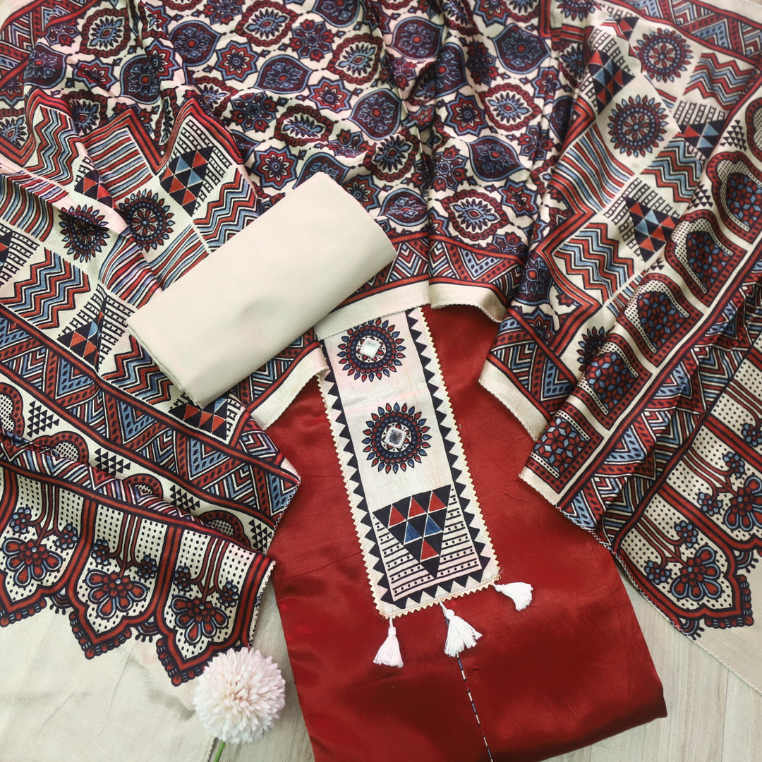 Haniya Mehroom Mirror Patch Work Mashru Silk Top with Stole Dupatta-D2