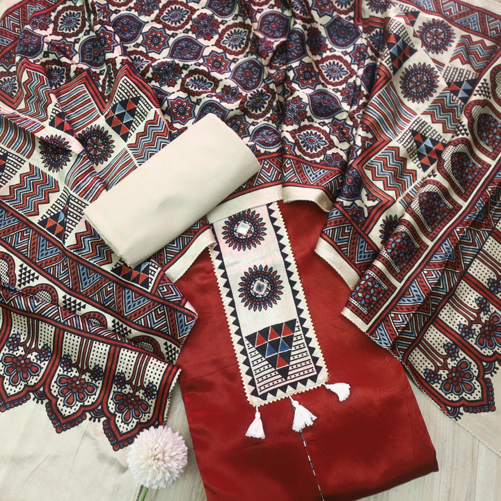 Haniya Mehroom Mirror Patch Work Mashru Silk Top with Stole Dupatta-D2